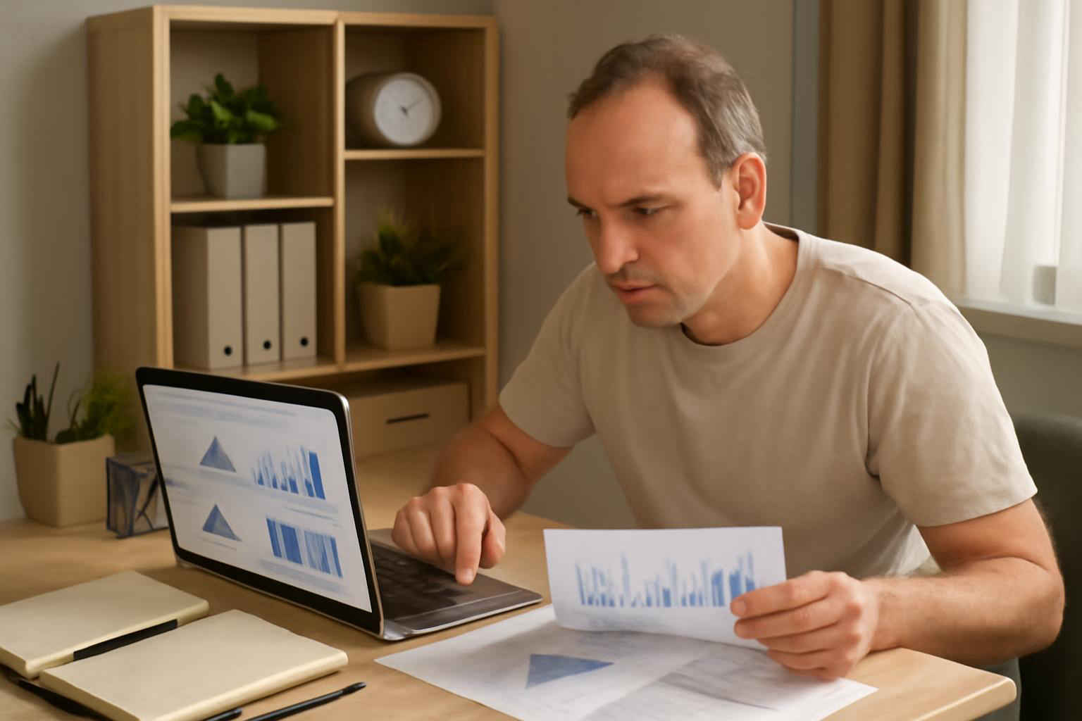 Microempreendedor analisando gráficos de previsão de vendas em planilhas no escritório em casa