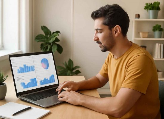 Pessoa analisando dashboards financeiros no Google Data Studio em um home office