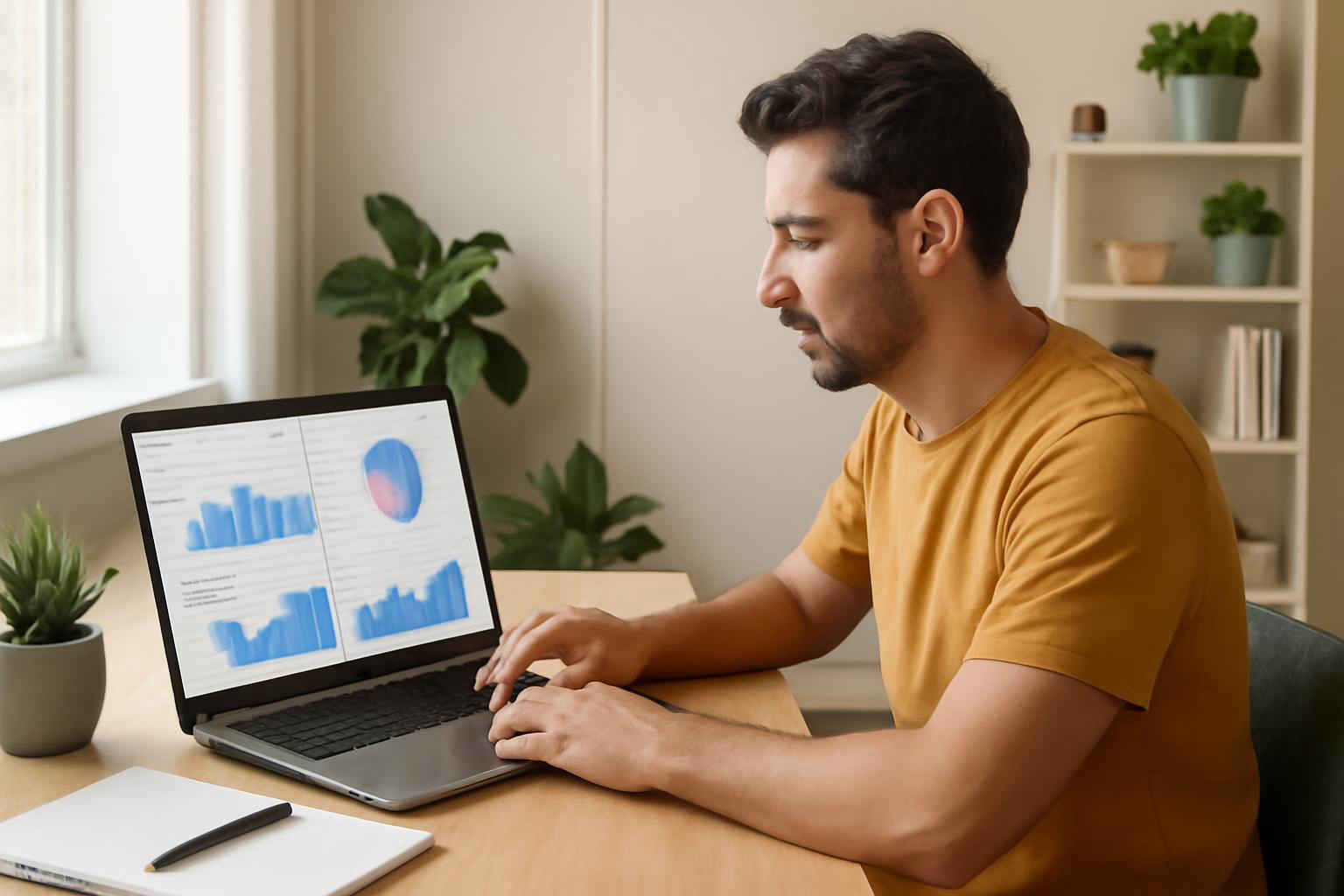 Pessoa analisando dashboards financeiros no Google Data Studio em um home office