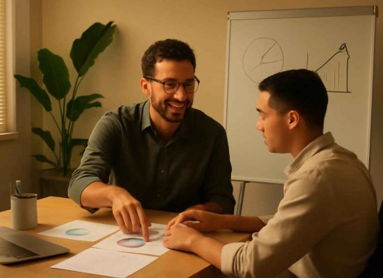 Sessão de coaching empresarial em microempresa com coach e colaborador ao redor de uma mesa