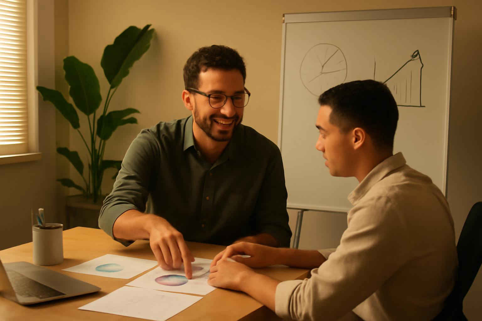 Sessão de coaching empresarial em microempresa com coach e colaborador ao redor de uma mesa