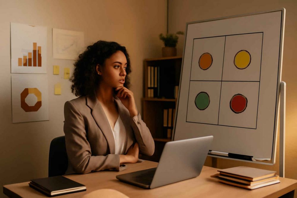 Empreendedora analisando matriz SWOT em lousa em escritório moderno