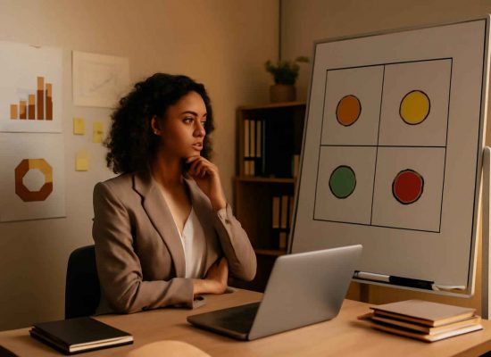 Empreendedora analisando matriz SWOT em lousa em escritório moderno