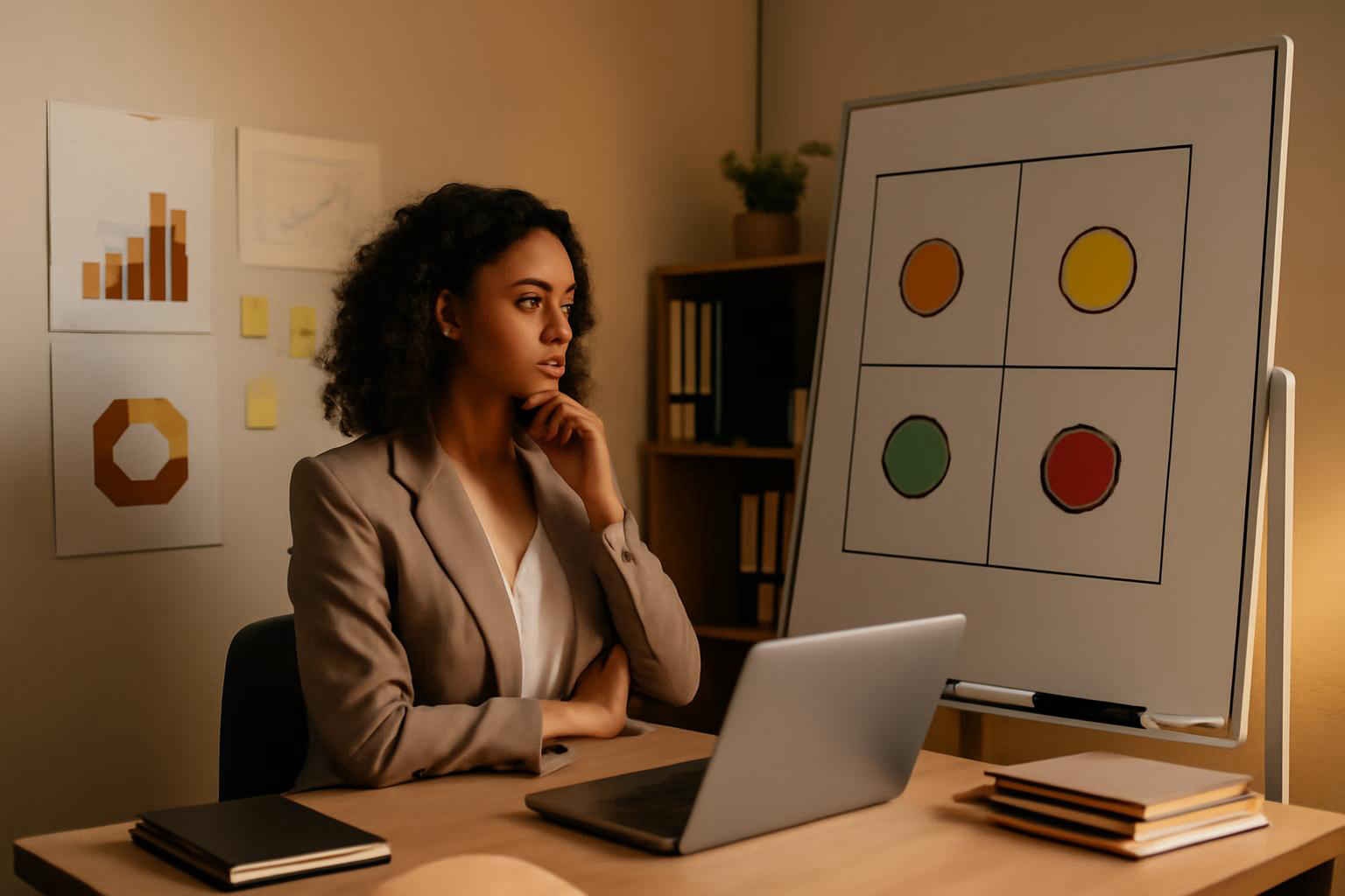 Empreendedora analisando matriz SWOT em lousa em escritório moderno