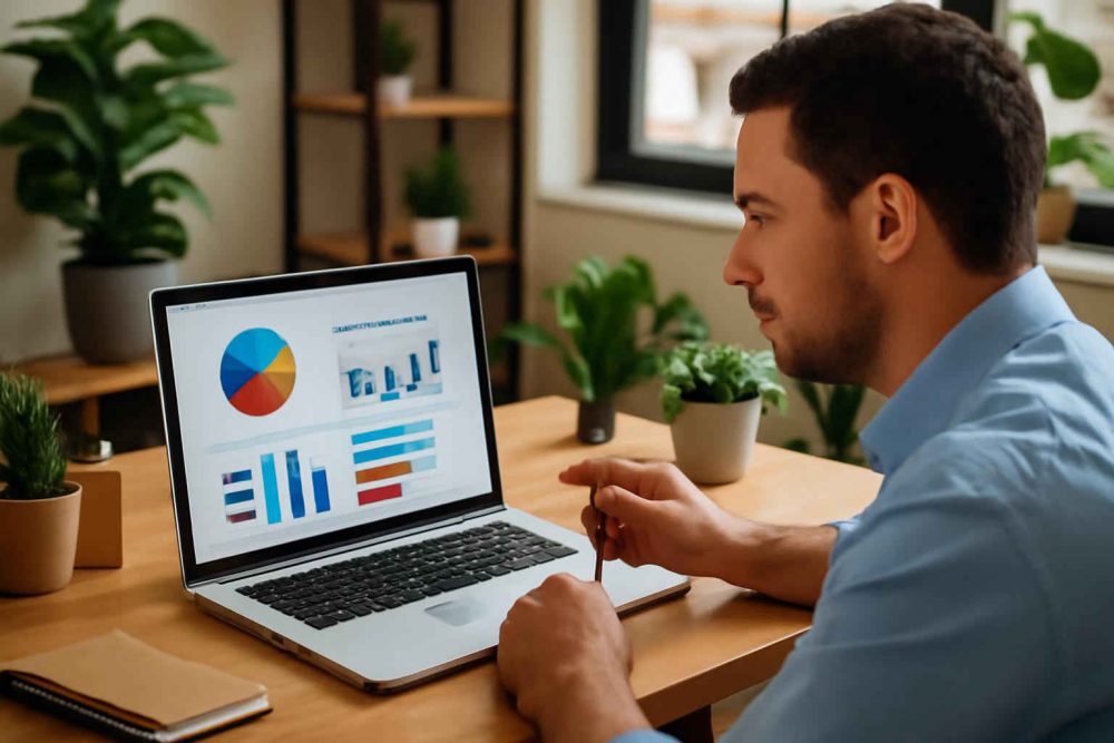Administrador de microempresa analisando painel do Balanced Scorecard em laptop