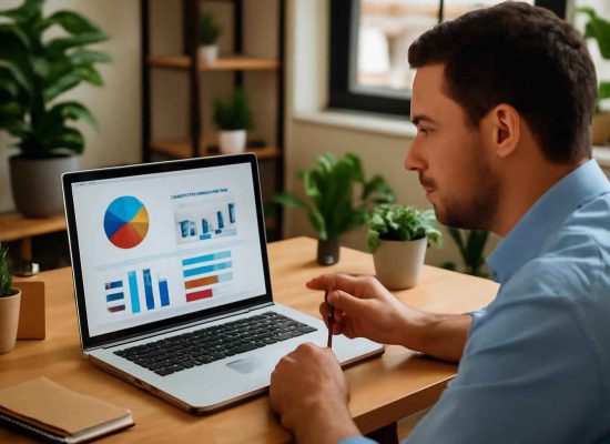 Administrador de microempresa analisando painel do Balanced Scorecard em laptop