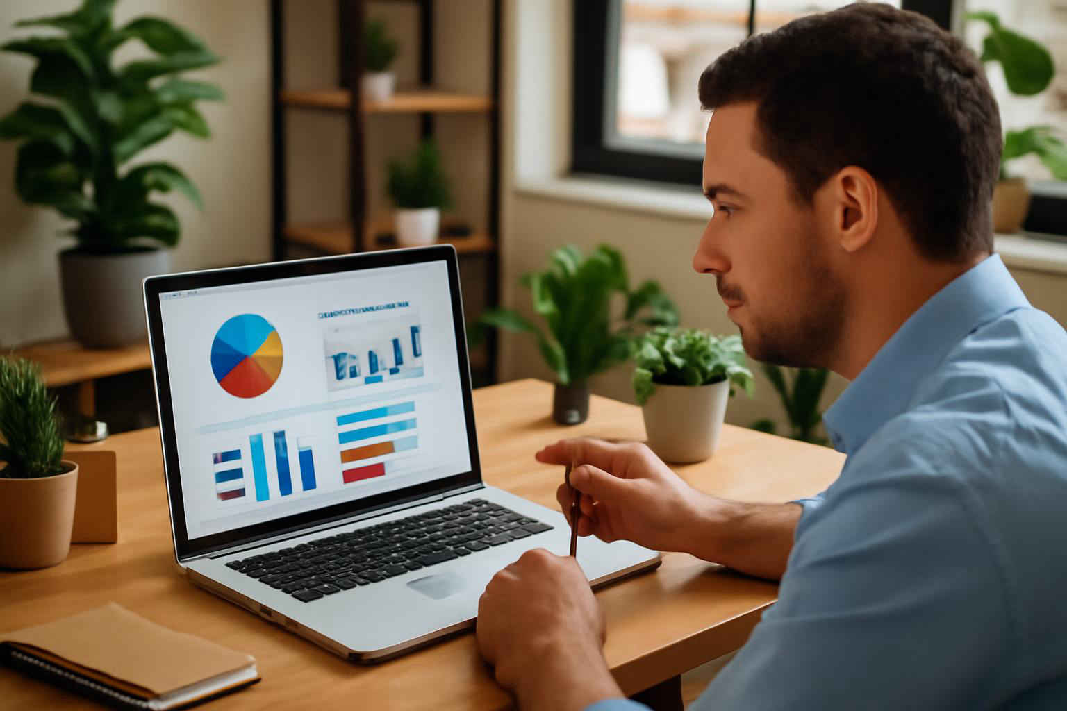 Administrador de microempresa analisando painel do Balanced Scorecard em laptop