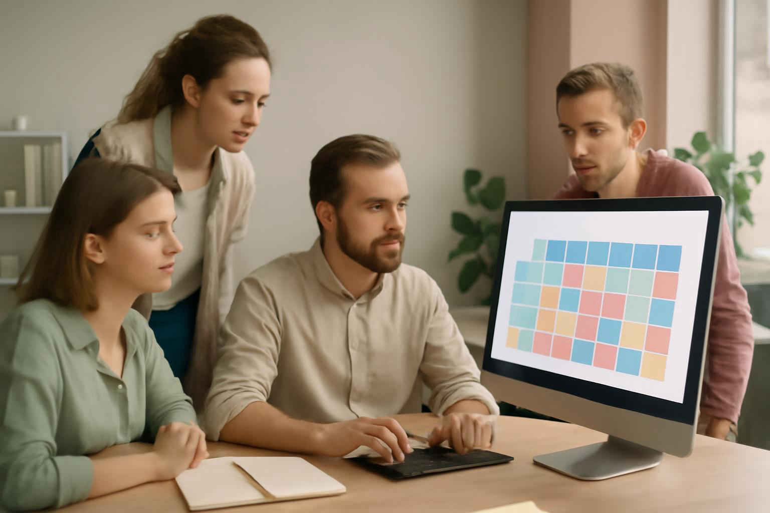 Ilustração de equipe de microempresa analisando matriz RACI em escritório moderno