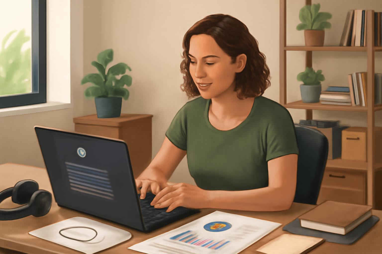 Microempresária utilizando ChatGPT em escritório doméstico