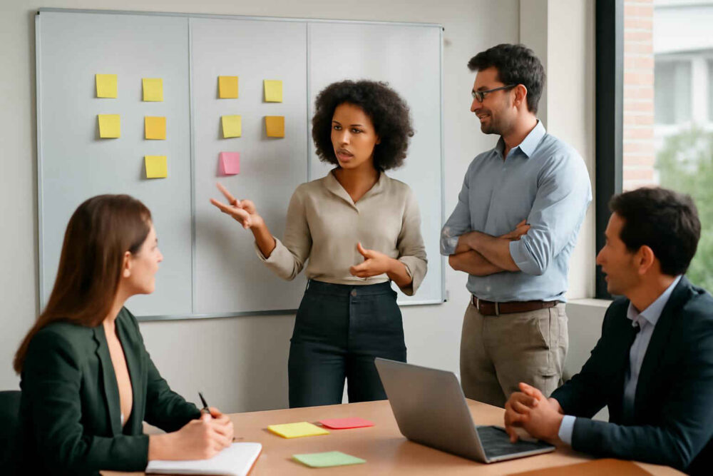 Equipe administrativa analisando uma matriz CSD em reunião de planejamento