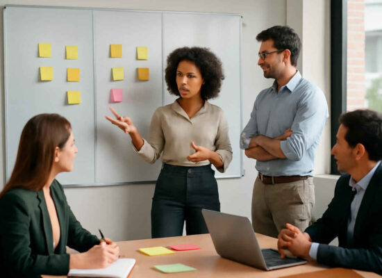 Equipe administrativa analisando uma matriz CSD em reunião de planejamento