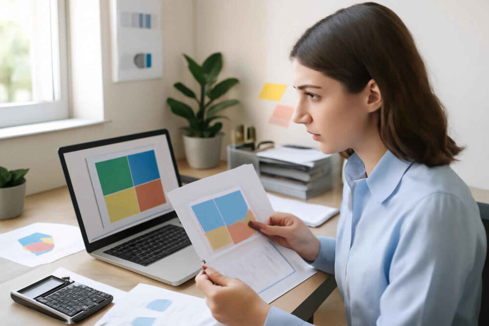 Profissional administrativo analisando uma matriz de priorização em planilha no escritório