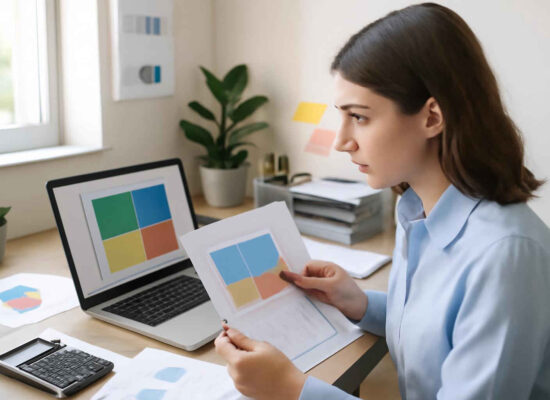 Profissional administrativo analisando uma matriz de priorização em planilha no escritório