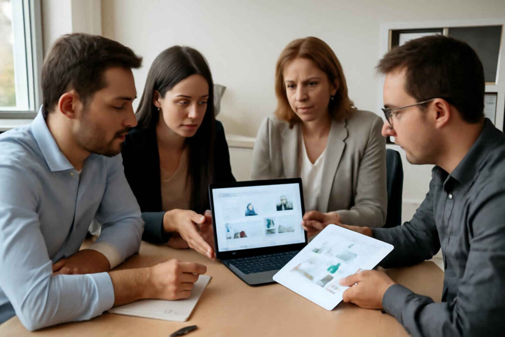 Profissionais administrativos analisando uma matriz de stakeholders em reunião