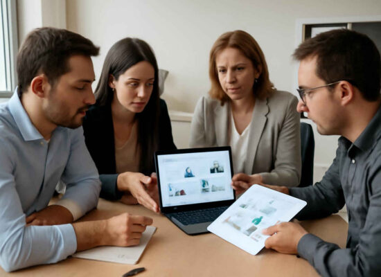 Profissionais administrativos analisando uma matriz de stakeholders em reunião