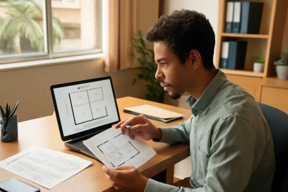 Profissional administrativo analisando uma matriz GUT para priorizar problemas na empresa