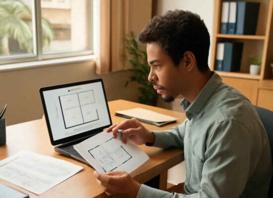 Profissional administrativo analisando uma matriz GUT para priorizar problemas na empresa