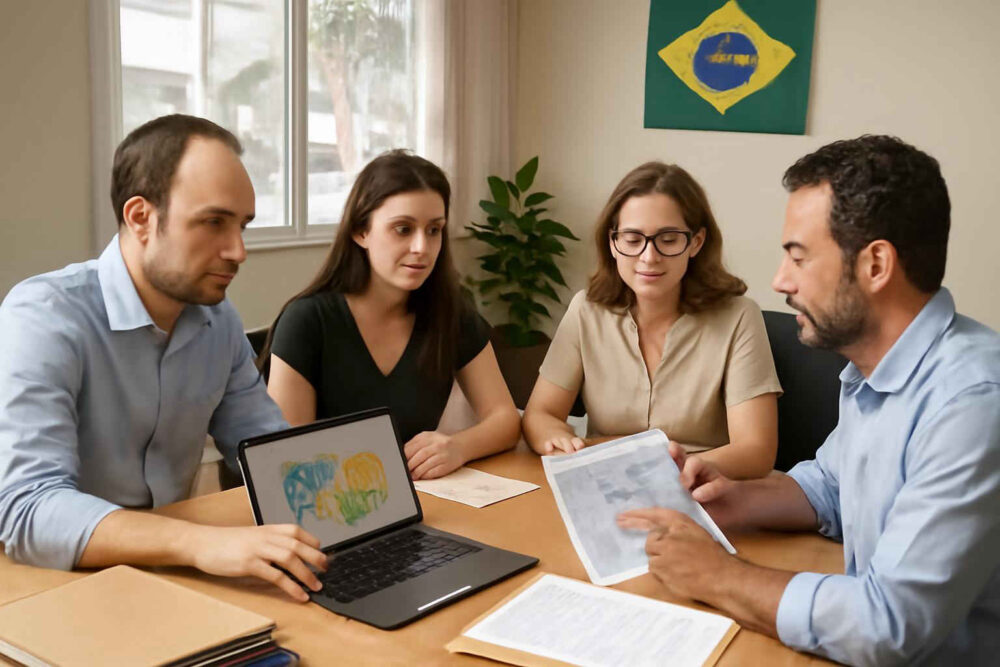Equipe administrativa analisando uma matriz RACI para organizar responsabilidades