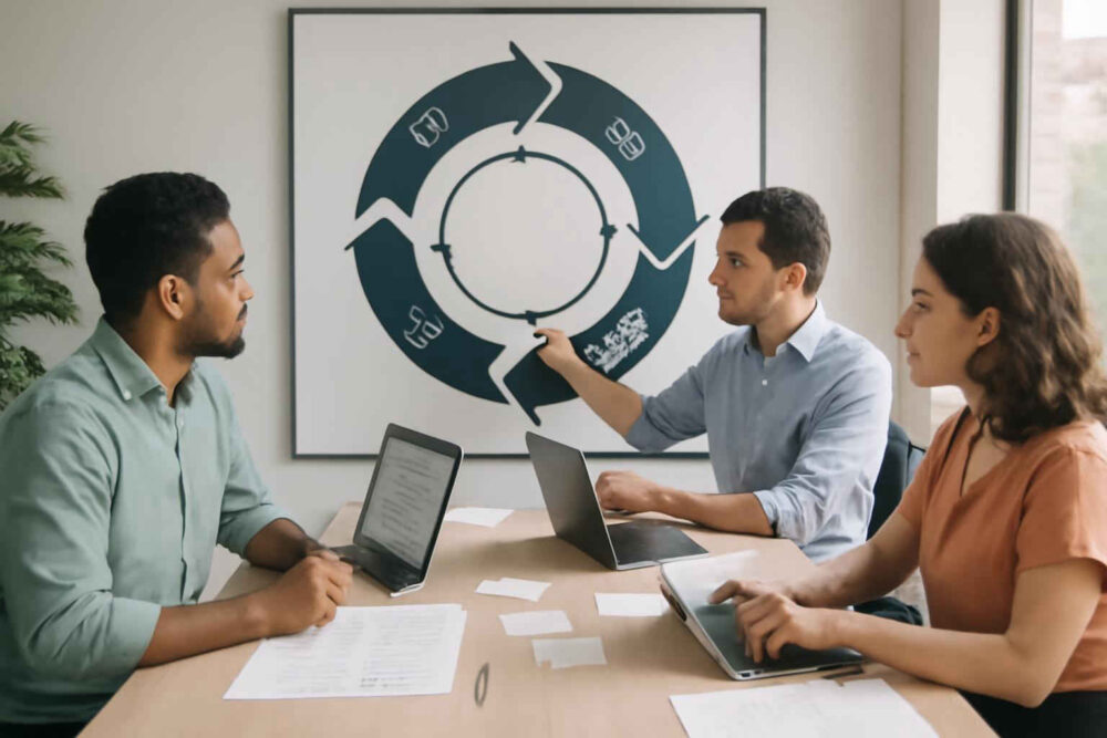 Profissionais administrativos analisando o ciclo PDCA em uma reunião de gestão