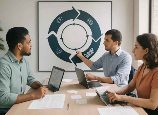 Profissionais administrativos analisando o ciclo PDCA em uma reunião de gestão