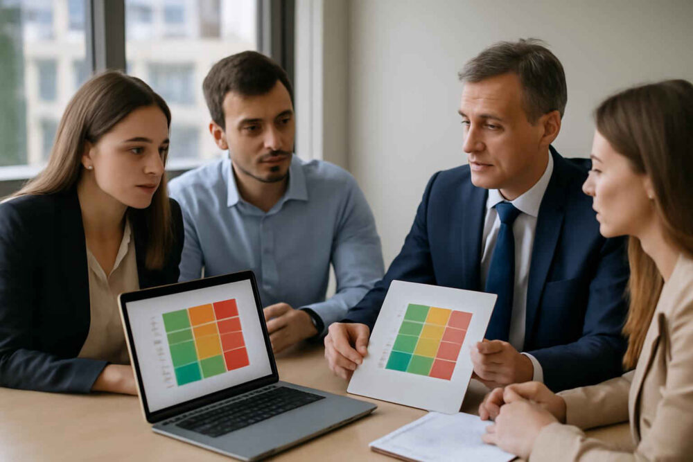 Equipe administrativa analisando a matriz 9 box para avaliar desempenho e potencial