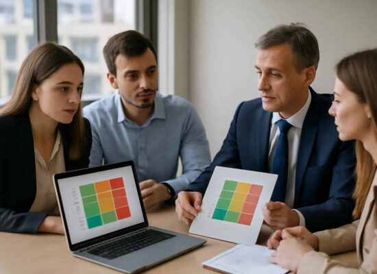 Equipe administrativa analisando a matriz 9 box para avaliar desempenho e potencial