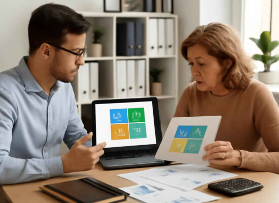 Profissionais analisando a matriz BCG para avaliar produtos e serviços em uma pequena empresa