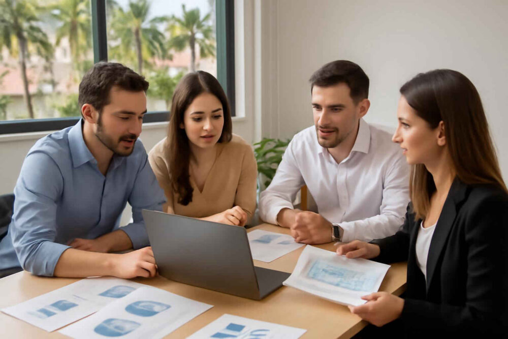 Profissionais administrativos analisando uma matriz BSC em reunião de planejamento estratégico