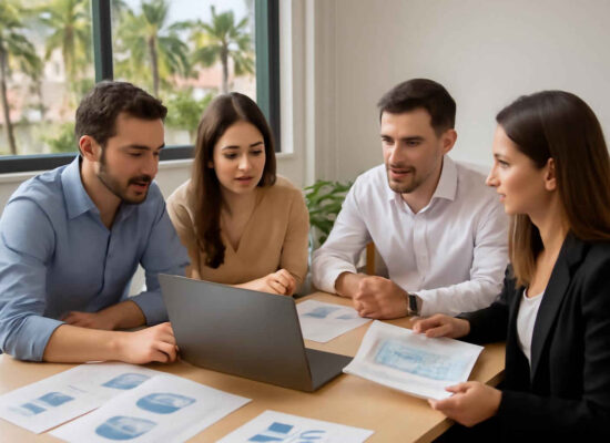 Profissionais administrativos analisando uma matriz BSC em reunião de planejamento estratégico