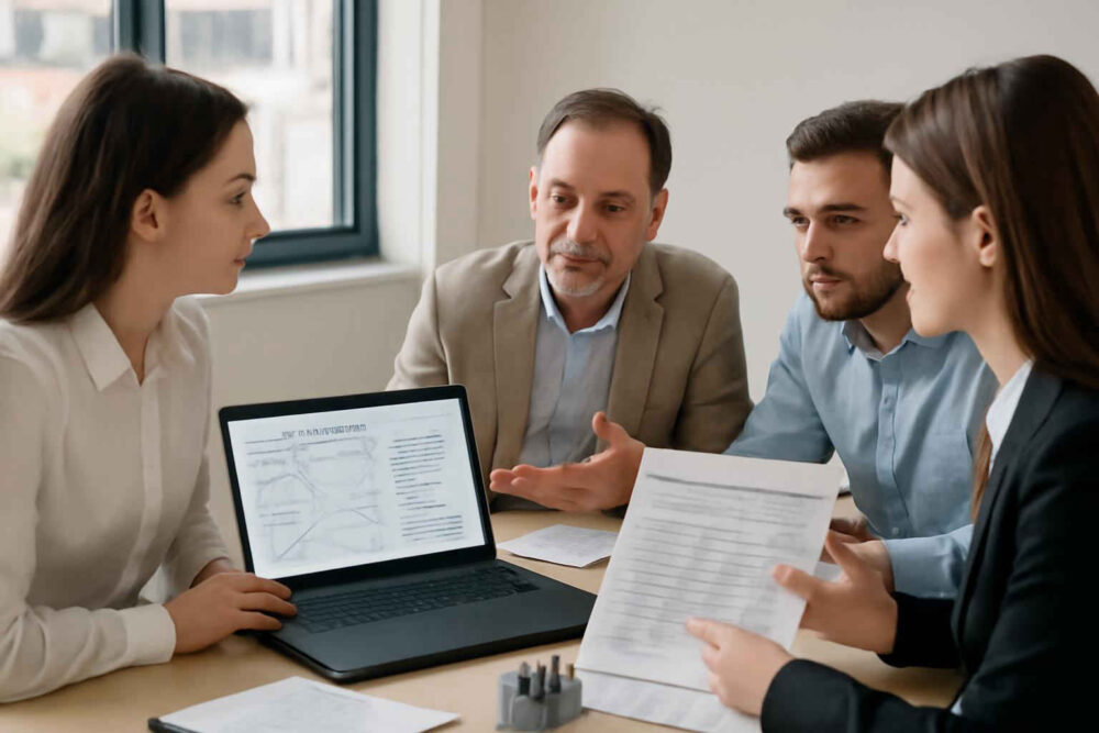 Profissionais administrativos analisando uma matriz causa e efeito para identificar problemas na empresa