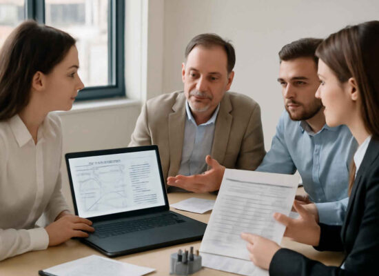Profissionais administrativos analisando uma matriz causa e efeito para identificar problemas na empresa