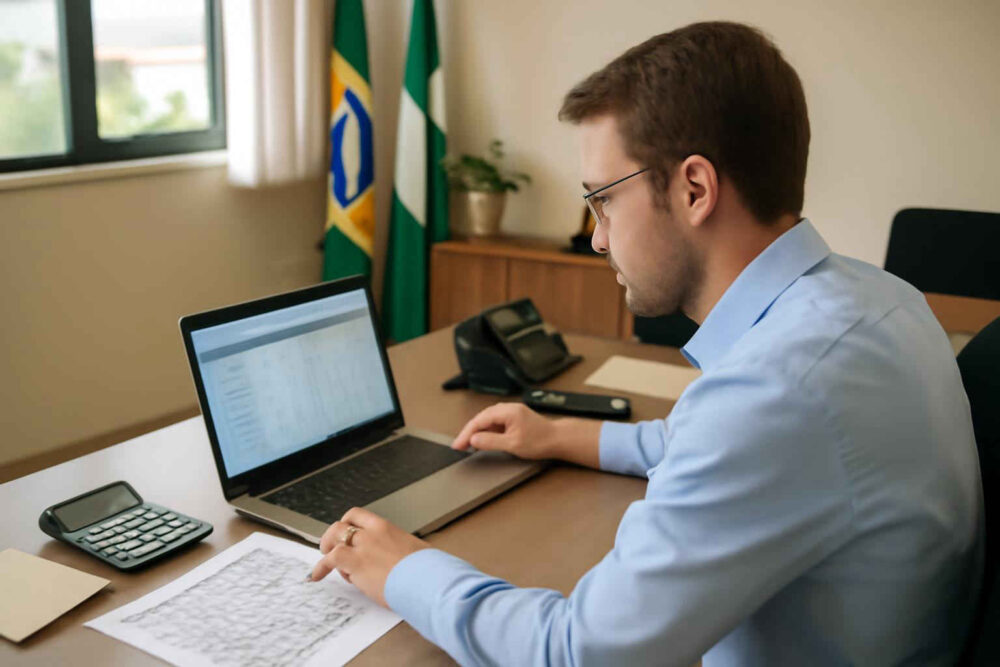 Profissional administrativo analisando uma matriz de decisão com critérios e pontuações