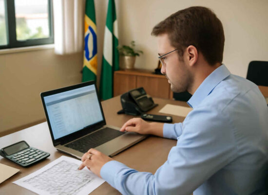 Profissional administrativo analisando uma matriz de decisão com critérios e pontuações