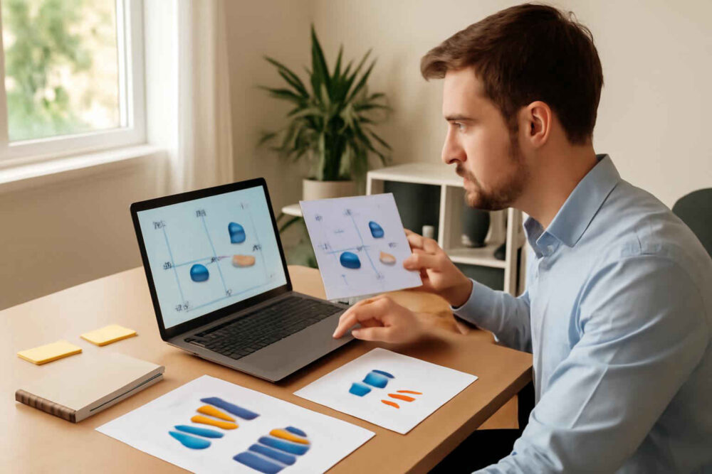 Profissional administrativo analisando uma matriz de posicionamento para comparar concorrentes