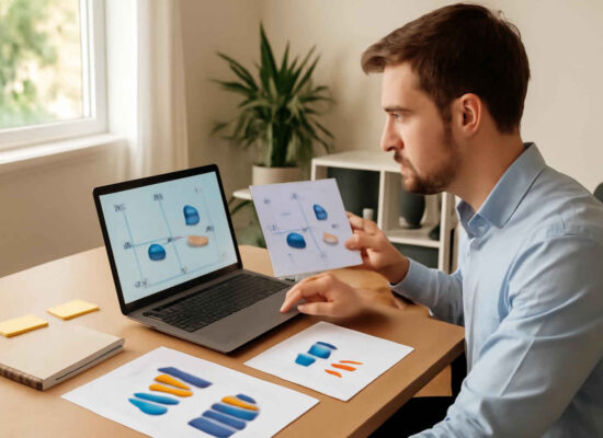 Profissional administrativo analisando uma matriz de posicionamento para comparar concorrentes