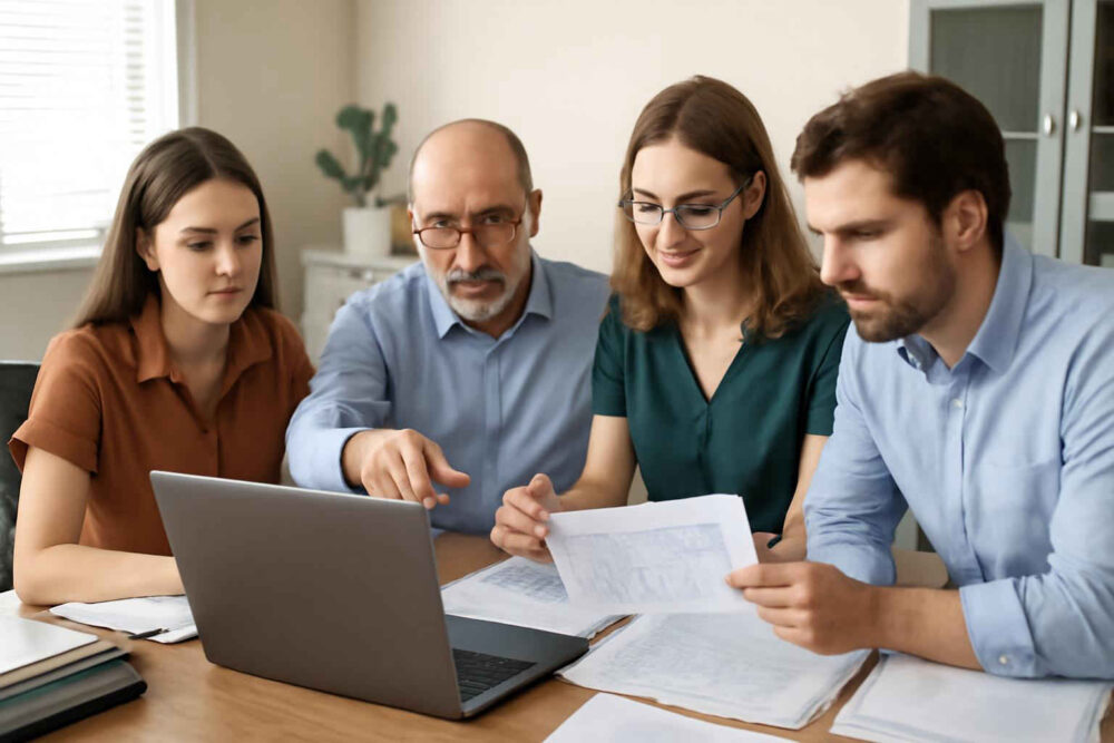 Profissionais administrativos analisando uma matriz de responsabilidade em ambiente de escritório