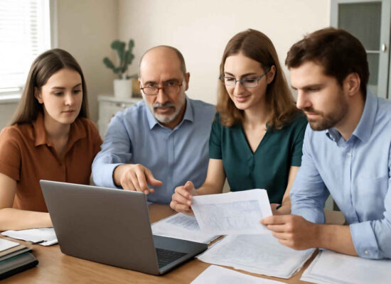 Profissionais administrativos analisando uma matriz de responsabilidade em ambiente de escritório