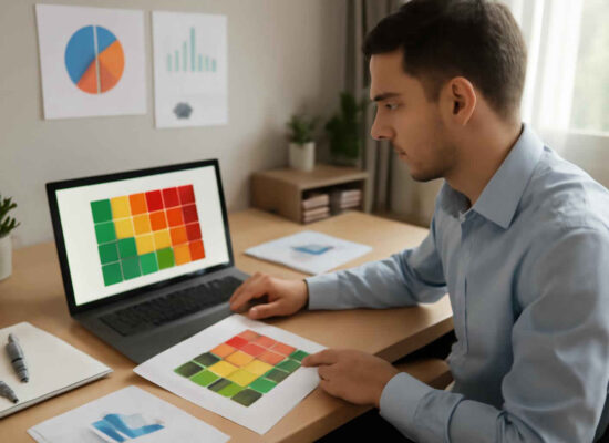 Profissional administrativo analisando uma matriz de risco em planilha no ambiente de escritório