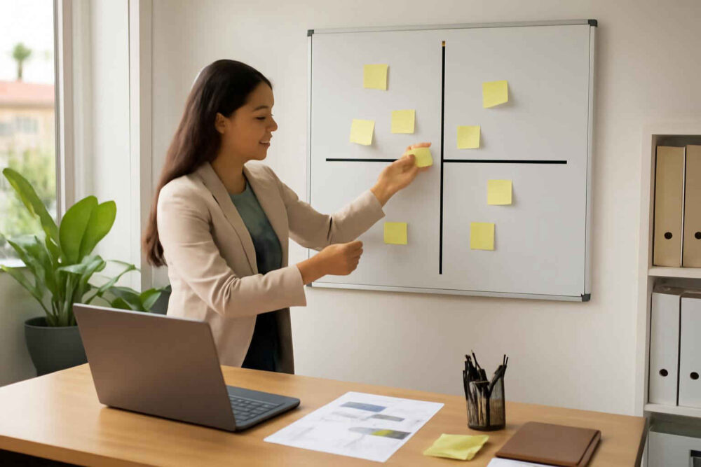 Profissional administrativo montando uma matriz de impacto x esforço para priorizar ações no escritório