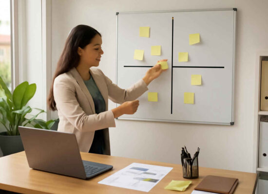 Profissional administrativo montando uma matriz de impacto x esforço para priorizar ações no escritório