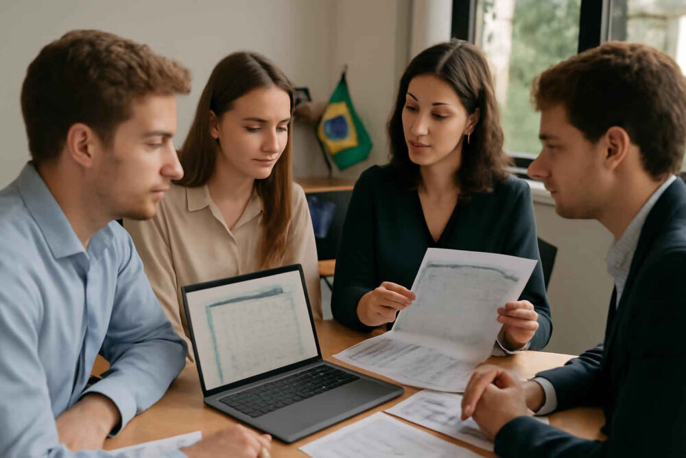 Profissionais administrativos analisando matriz RACI e matriz de responsabilidade em reunião