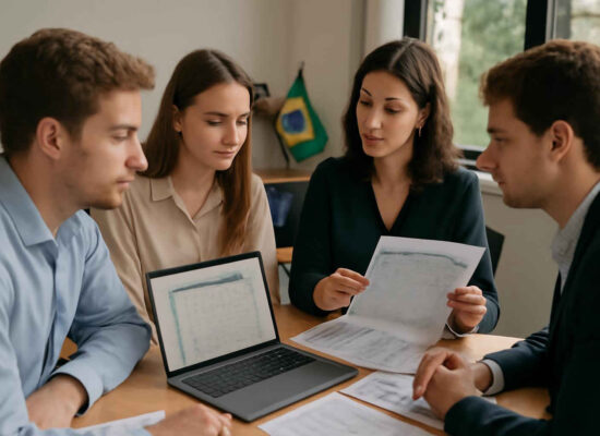 Profissionais administrativos analisando matriz RACI e matriz de responsabilidade em reunião
