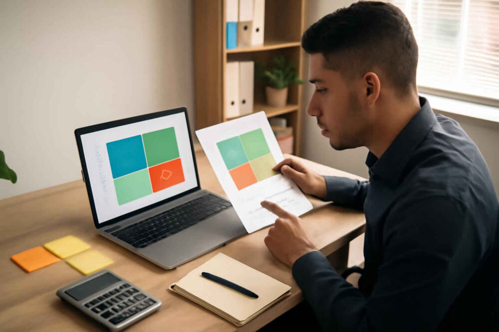 Profissional administrativo analisando uma matriz RICE para priorizar projetos e tarefas