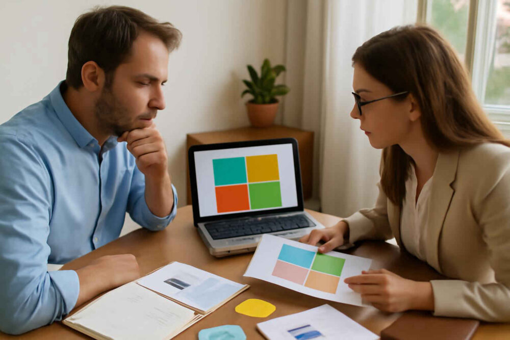 Profissionais analisando uma matriz SWOT cruzada com anotações estratégicas em ambiente administrativo
