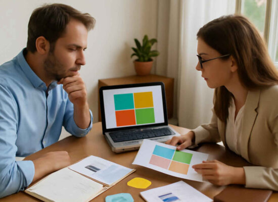 Profissionais analisando uma matriz SWOT cruzada com anotações estratégicas em ambiente administrativo