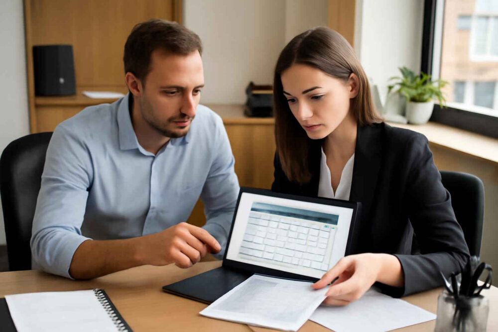 Equipe administrativa analisando uma matriz VRIO para identificar vantagens competitivas da empresa
